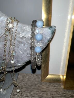 Beaded Stack Bracelet Set in Blue and Frosted Gray